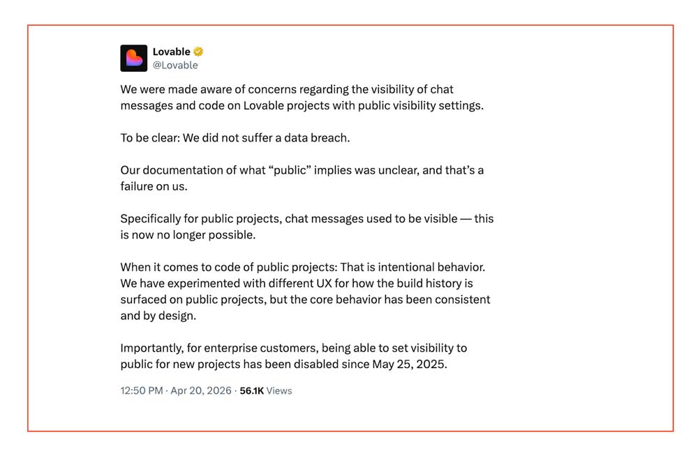 Lovable's public statement on social media